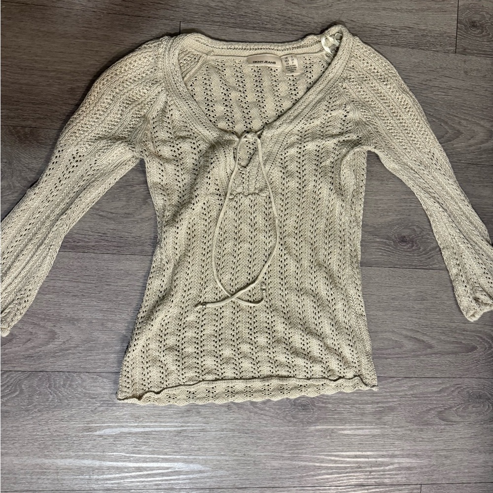 DKNY Y2K boho hippie crochet lace up v-neck sweater 3/4 sleeves - small vintage